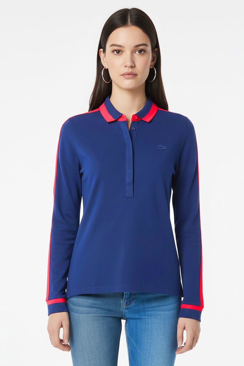 LACOSTE Women Spread Collar Embroidered Logo Long Sleeves Polo Shirts, Navy - Image 2